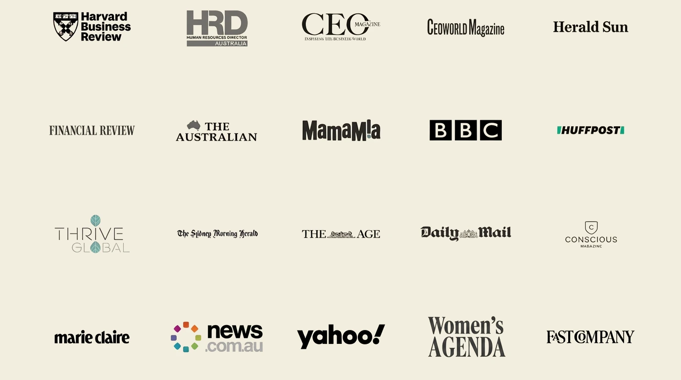Logos of publications Penny Locaso has been featured in, including Harvard Business Review, BBC, Financial Review and Fast Company